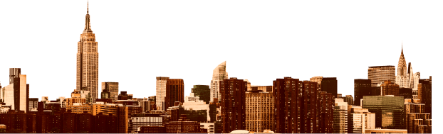 New York skyline graphic in orange tone