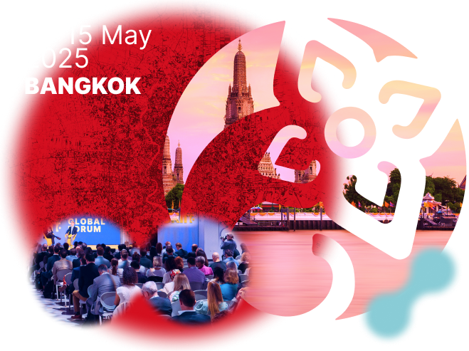collage of logo on red background with bangkok landscape and people in a crowd. 14-15 May 2025 Bangkok white text overlay.