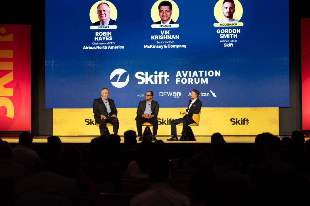 Robin Hayes, Chairman and CEO of Airbus North America, and Vik Krishnan, Senior Partner at McKinsey & Company, in conversation with Gordon Smith, Airlines Editor at Skift
